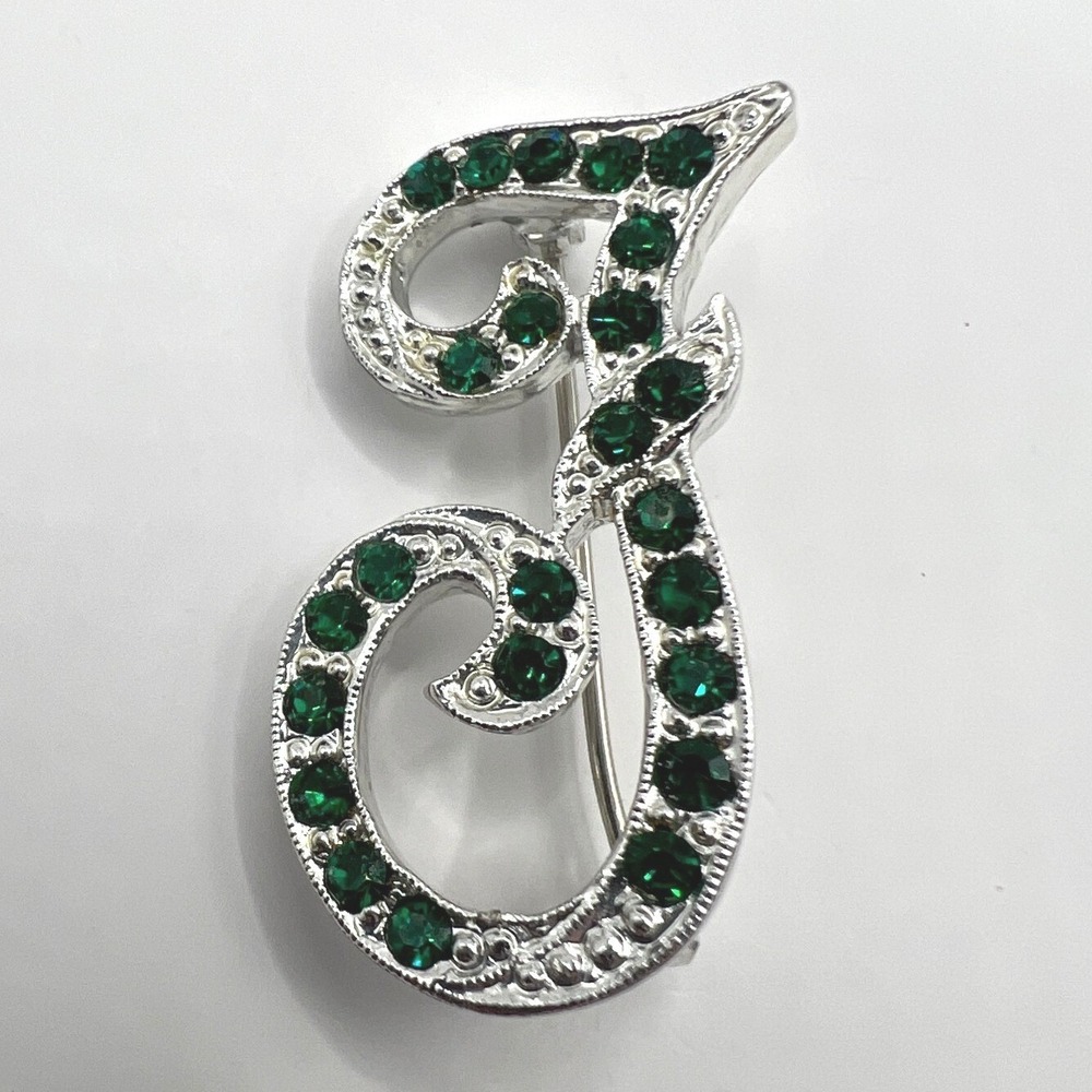 Vintage Initial F Brooch Silver Tone Green Crystal Pin